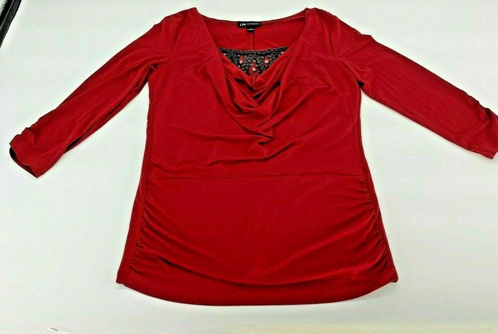 IN Studio Womens Shirt Blouse Cowl Neck Beaded Braided Long Sleeve Sz M
